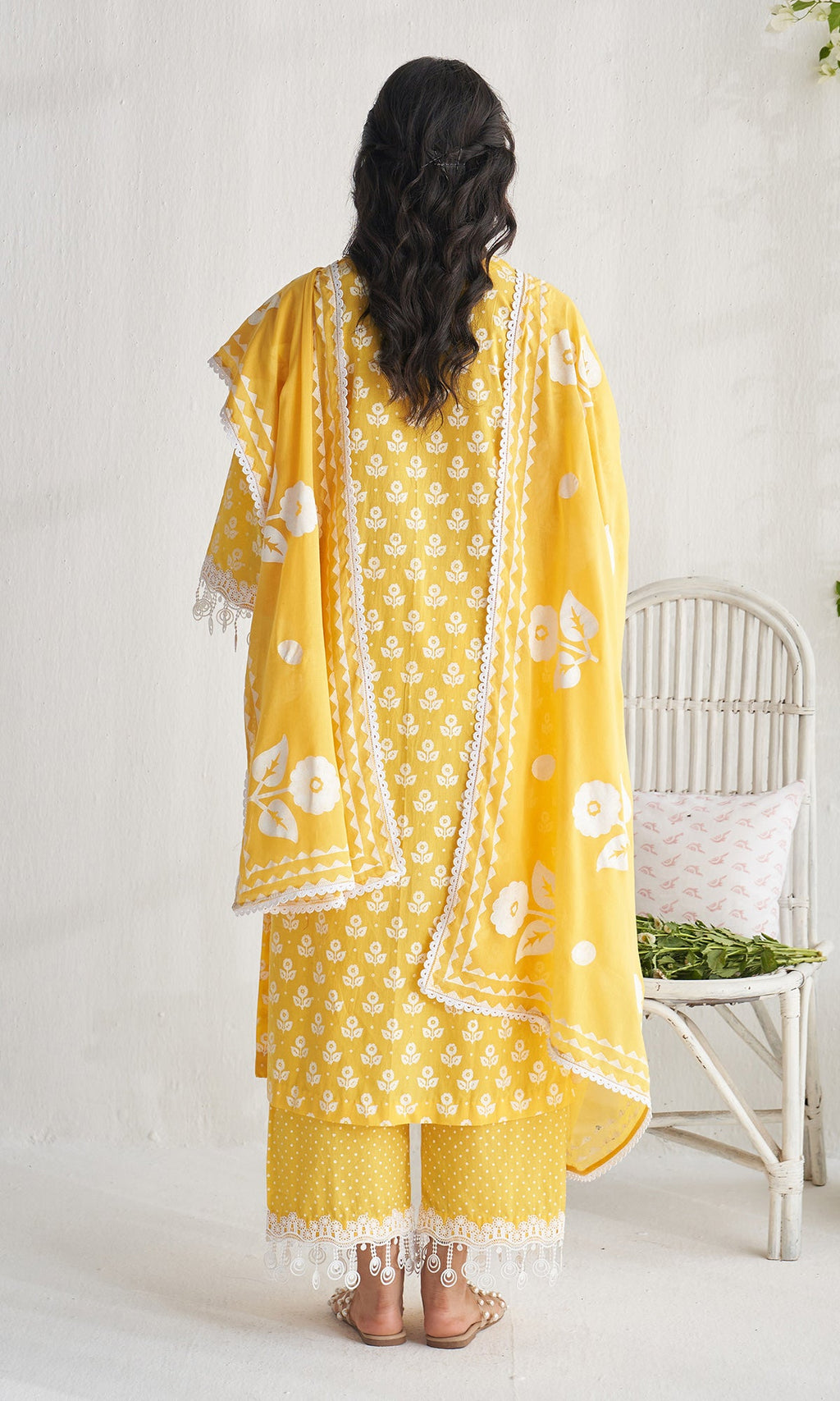 Gulmohar khari yellow block printed straight kurta with palazzo and dupatta ( set of 3) - Ready to ship
