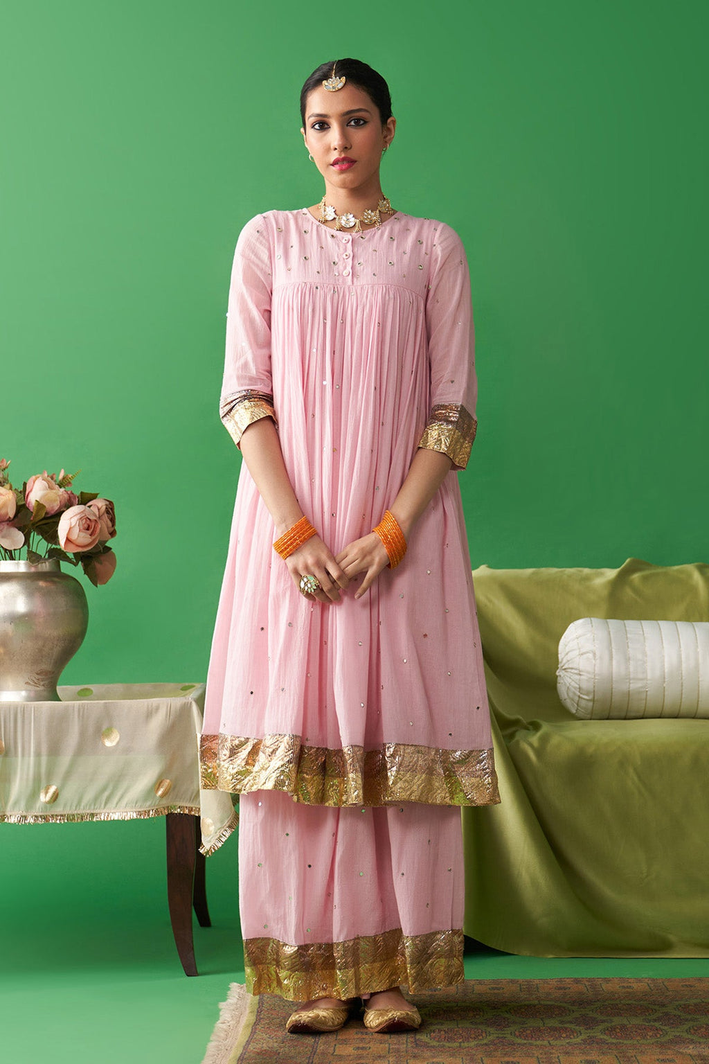 Jhoom soft pink kurta with flared palazzo (set of 2) - Ready to ship