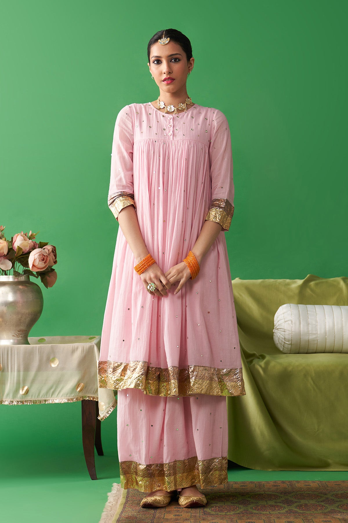 Jhoom soft pink kurta with flared palazzo (set of 2) - Ready to ship