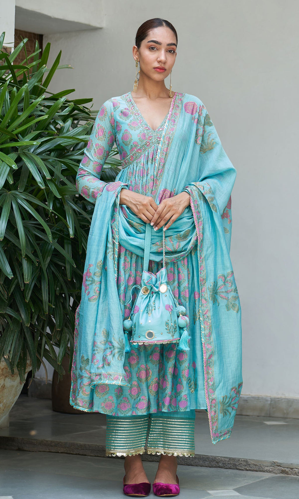 Boond Vol. 2 Turquaise Block Printed V Neck Anarkali With Solid Palazzo And Dupatta ( Set Of 3) - Ready to ship