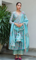 Boond Vol. 2 Turquaise Block Printed V Neck Anarkali With Solid Palazzo And Dupatta ( Set Of 3) - Ready to ship