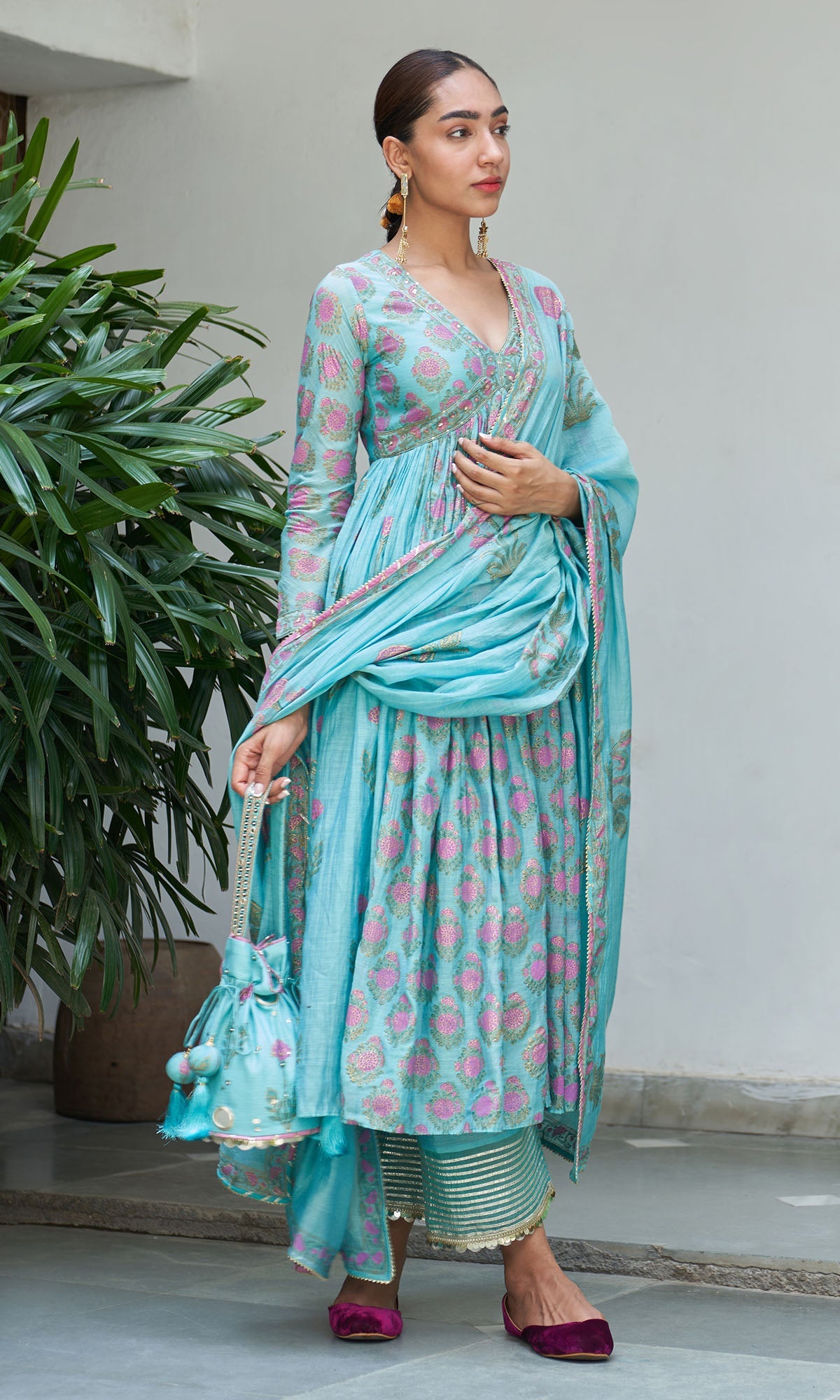 Boond Vol. 2 Turquaise Block Printed V Neck Anarkali With Solid Palazzo And Dupatta ( Set Of 3) - Ready to ship