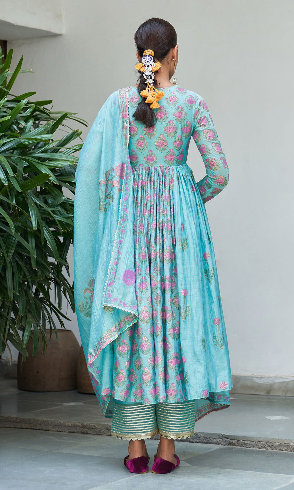 Boond Vol. 2 Turquaise Block Printed V Neck Anarkali With Solid Palazzo And Dupatta ( Set Of 3) - Ready to ship