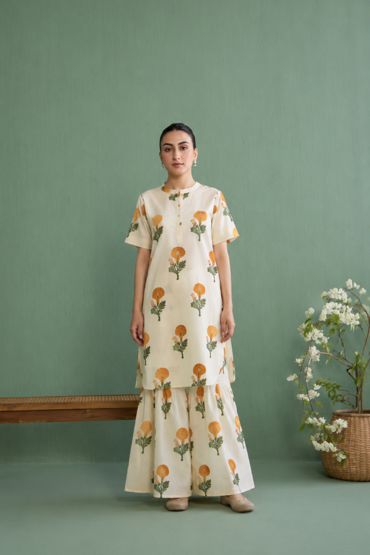 Mughal Summer Mustard Short Kurta With Flared Palazzo Set Of 2 - Ready to ship