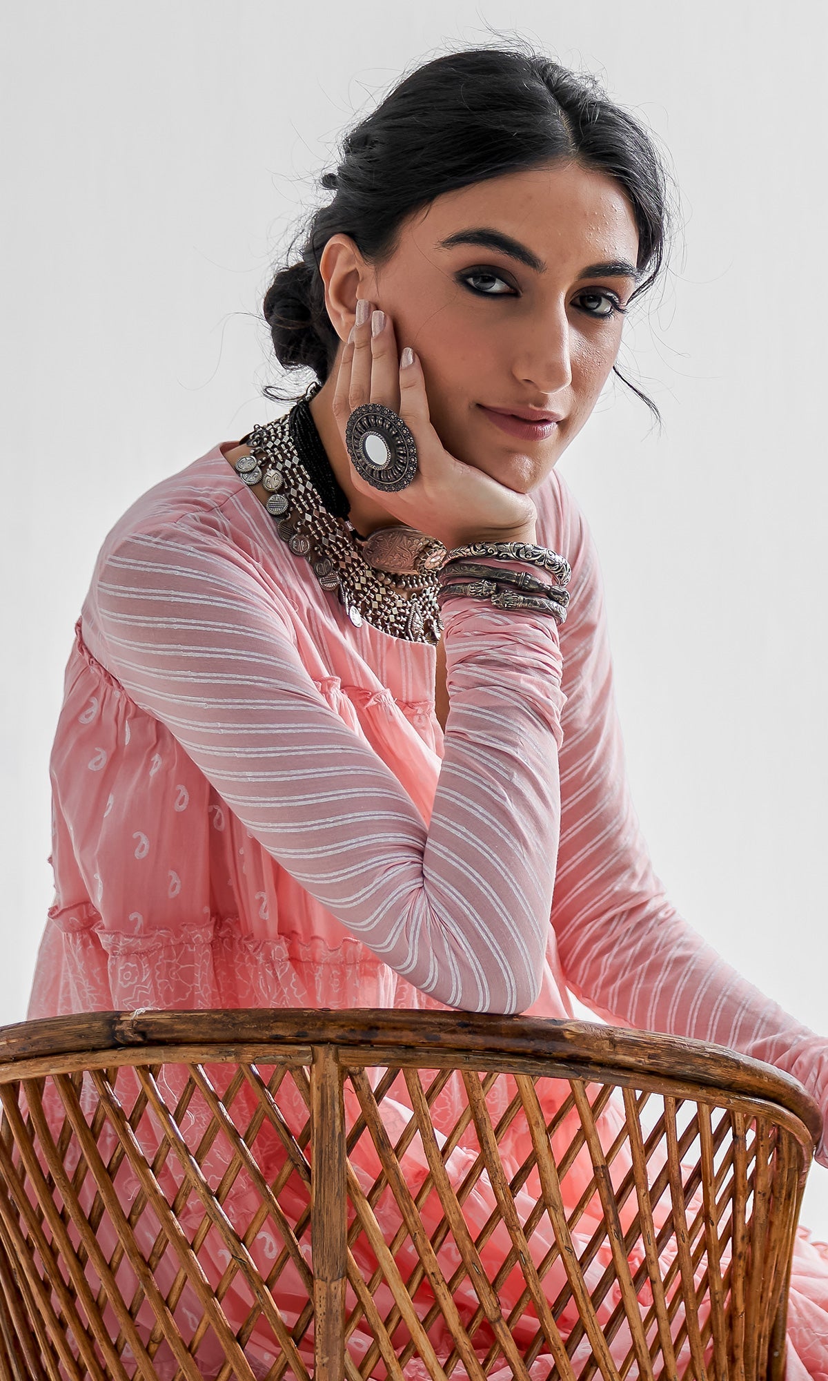 Firdaus Khari Pink Block Printed Tiered Anarkali - Set of 3 RTS