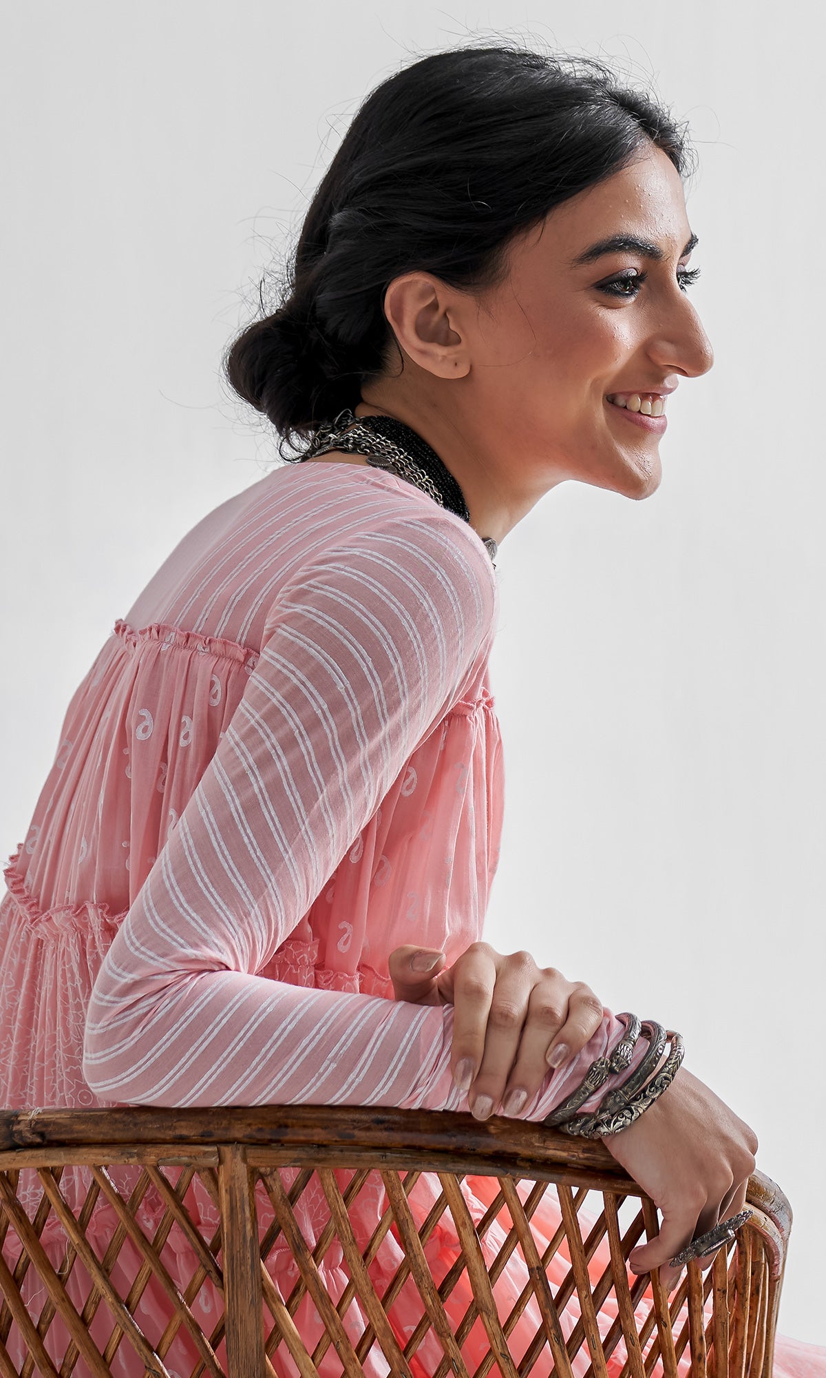 Firdaus Khari Pink Block Printed Tiered Anarkali - Set of 3 RTS