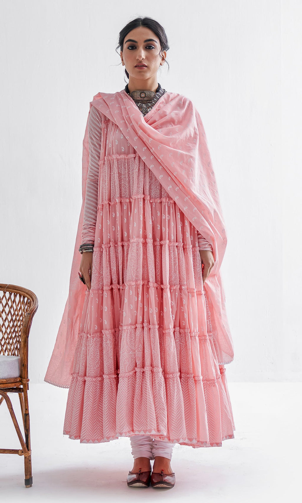 Firdaus Khari Pink Block Printed Tiered Anarkali - Set of 3 RTS