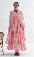 Firdaus Khari Pink Block Printed Tiered Anarkali - Set of 3 RTS
