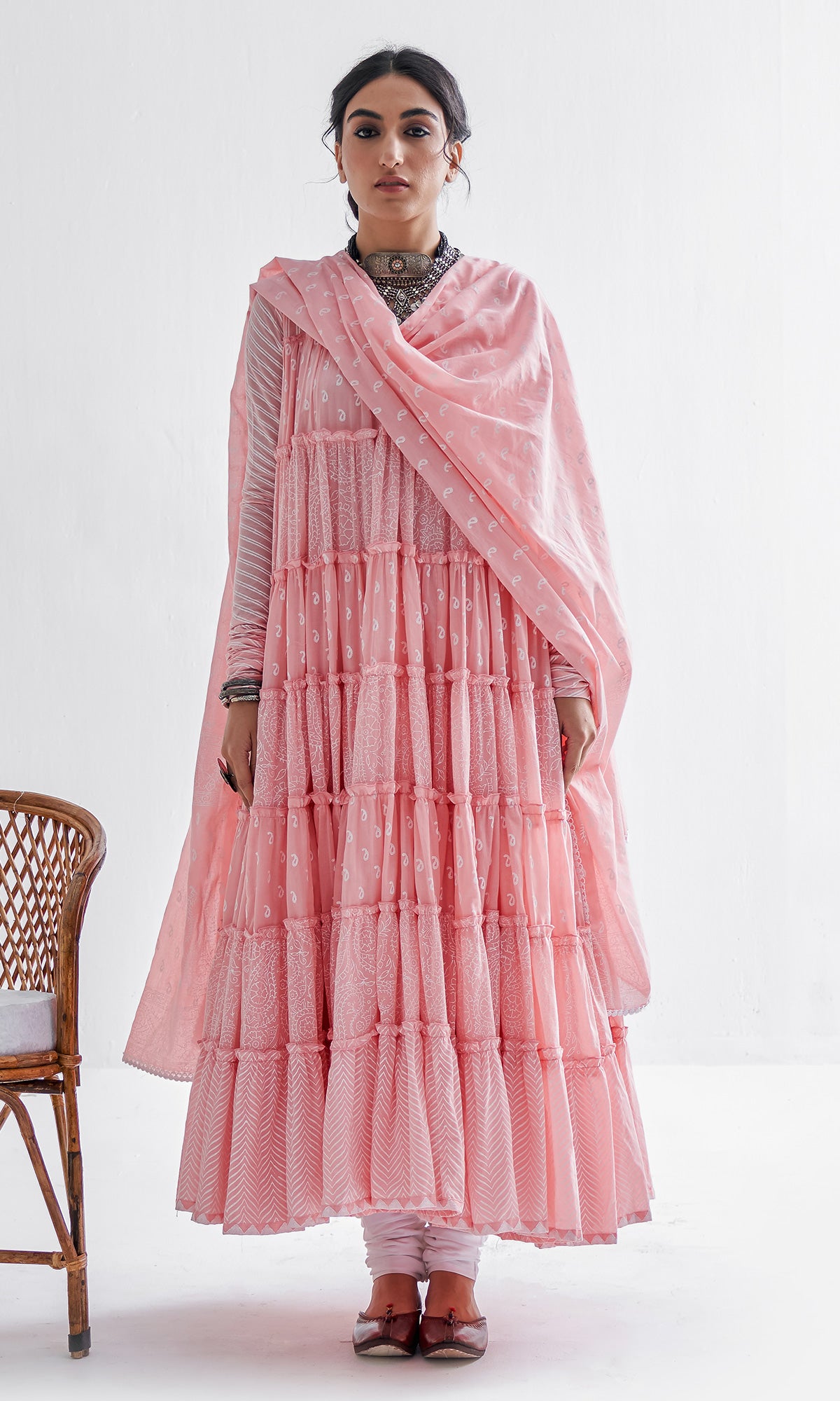 Firdaus Khari Pink Block Printed Tiered Anarkali - Set of 3 RTS