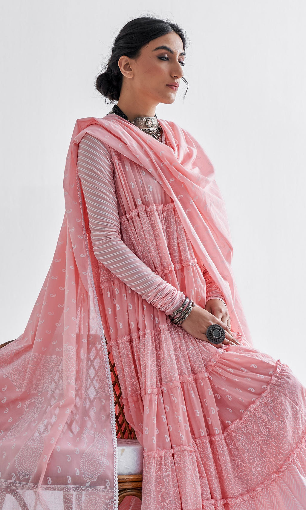 Firdaus Khari Pink Block Printed Tiered Anarkali - Set of 3 RTS