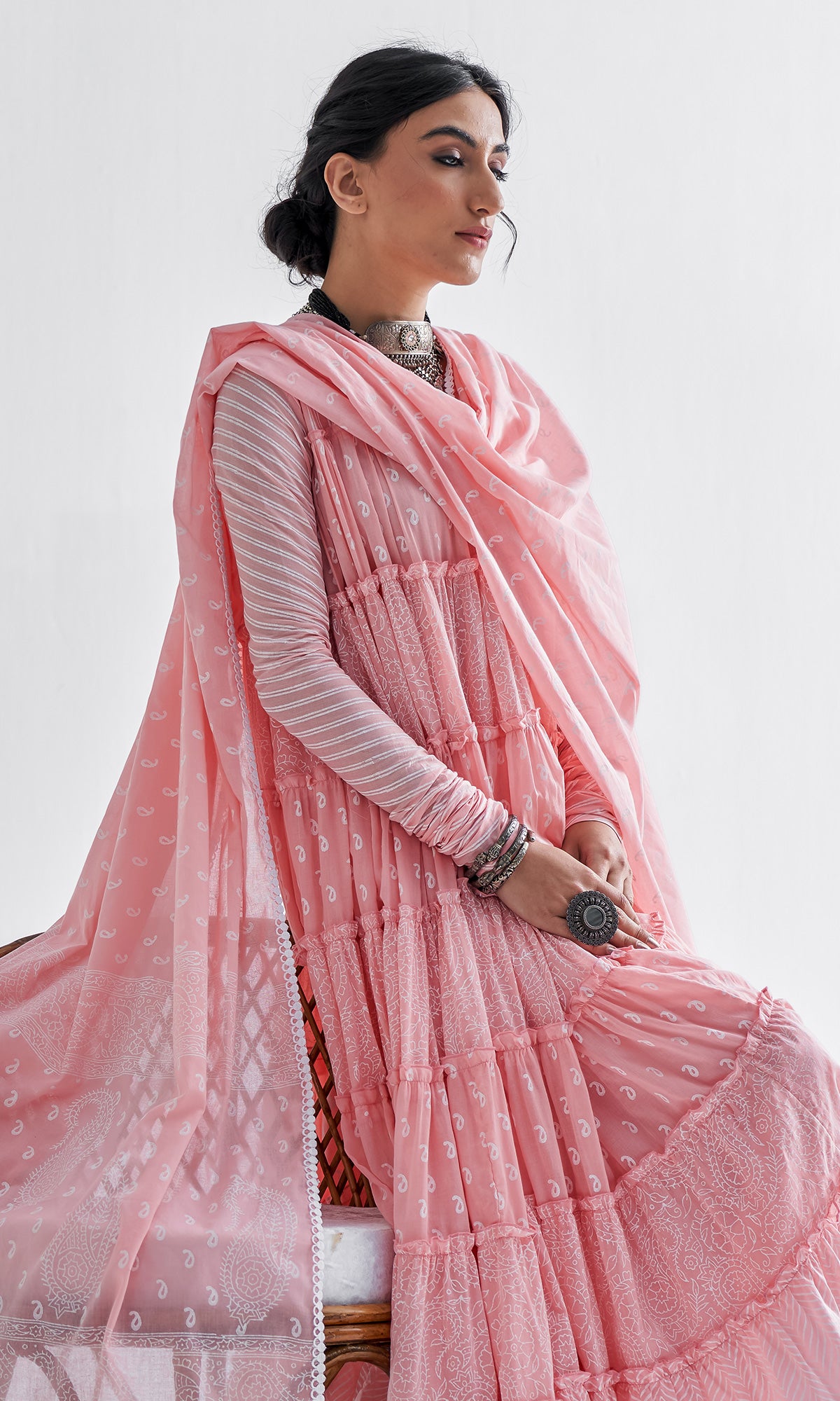 Firdaus Khari Pink Block Printed Tiered Anarkali - Set of 3 RTS