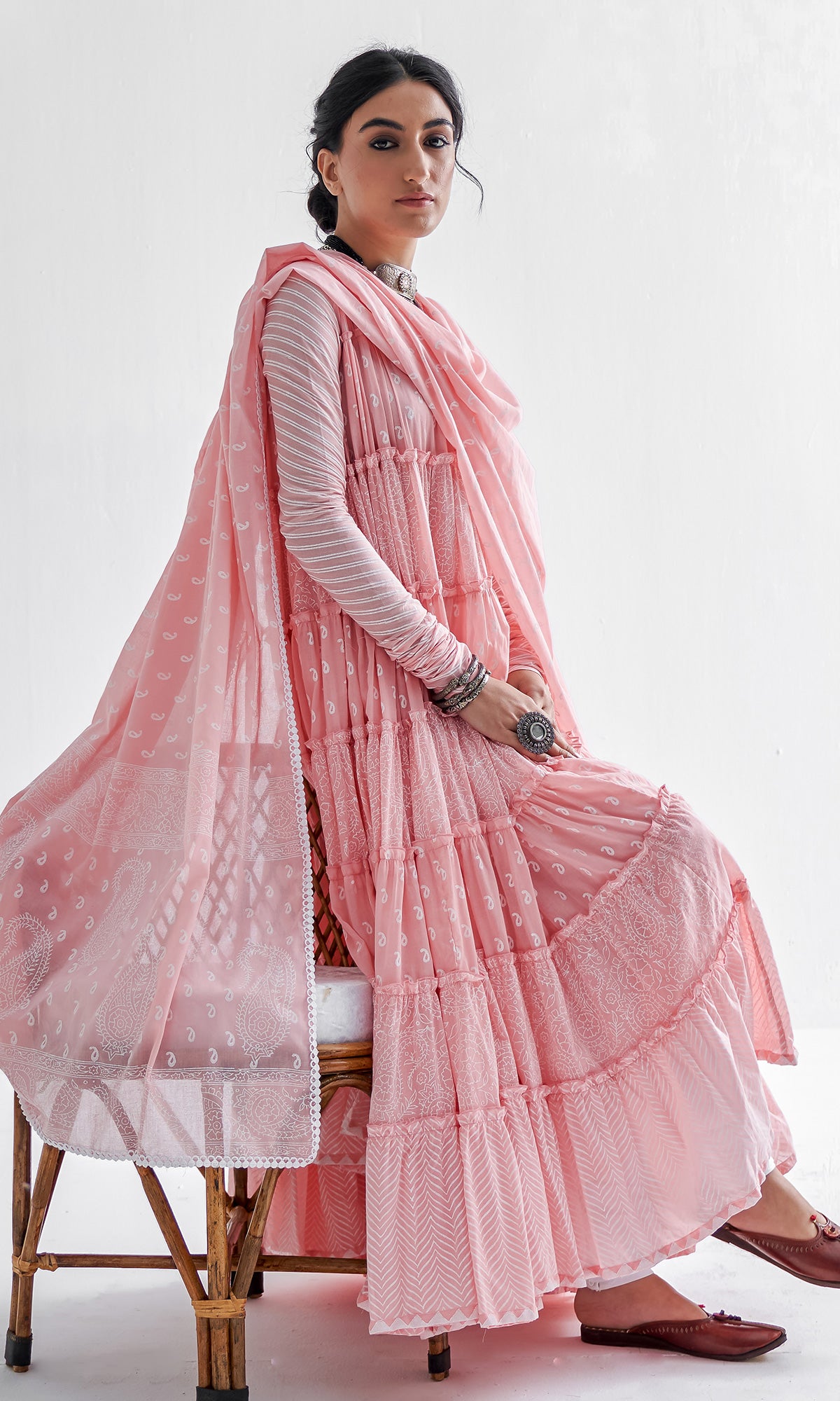 Firdaus Khari Pink Block Printed Tiered Anarkali - Set of 3 RTS