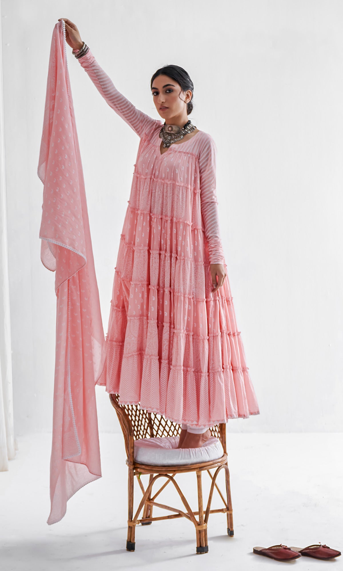 Firdaus Khari Pink Block Printed Tiered Anarkali - Set of 3 RTS