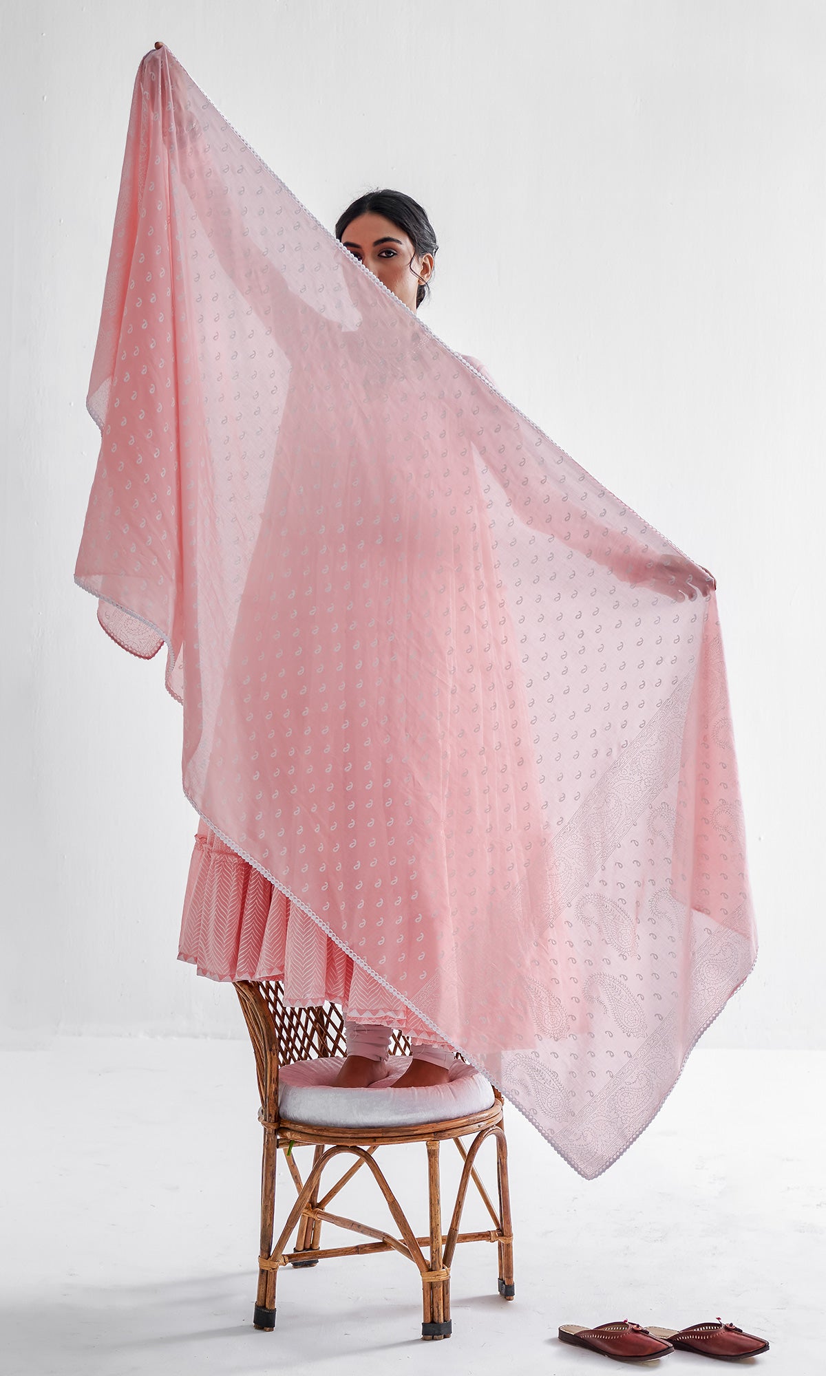 Firdaus Khari Pink Block Printed Tiered Anarkali - Set of 3 RTS