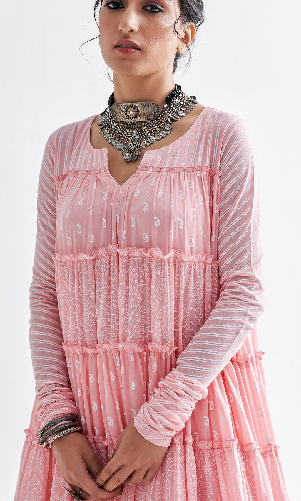 Firdaus Khari Pink Block Printed Tiered Anarkali - Set of 3 RTS