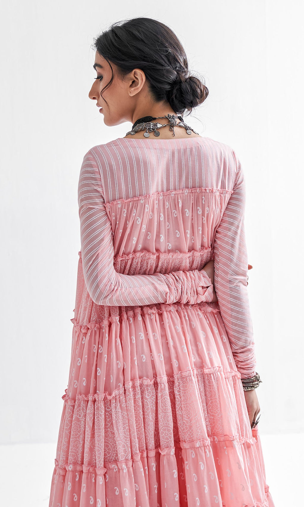 Firdaus Khari Pink Block Printed Tiered Anarkali - Set of 3 RTS