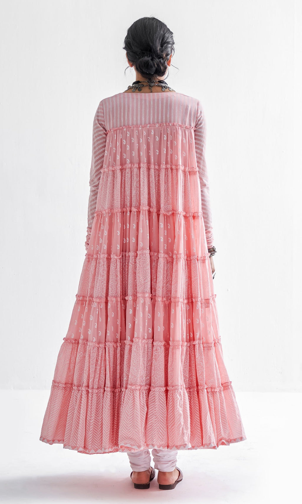 Firdaus Khari Pink Block Printed Tiered Anarkali - Set of 3 RTS