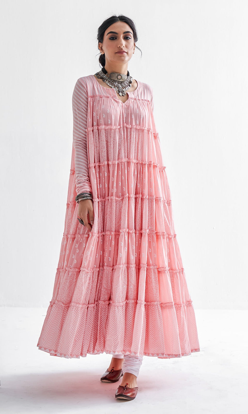 Firdaus Khari Pink Block Printed Tiered Anarkali - Set of 3 RTS