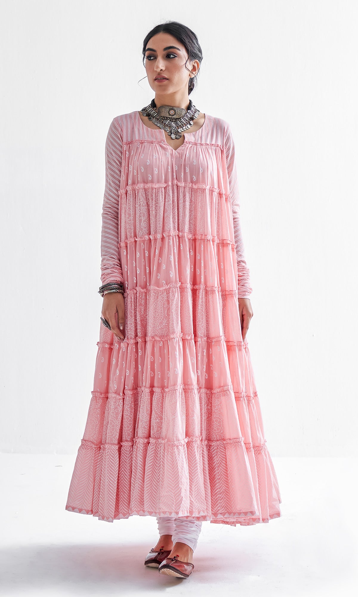 Firdaus Khari Pink Block Printed Tiered Anarkali - Set of 3 RTS