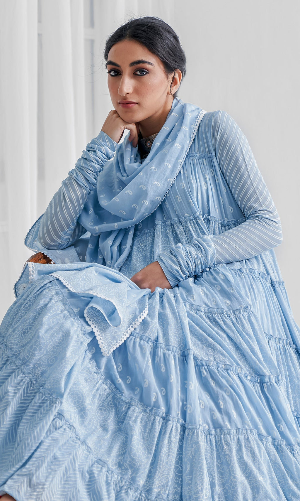 Firdaus Khari Powder Blue Block Printed Tiered Anarkali - Set of 3 RTS