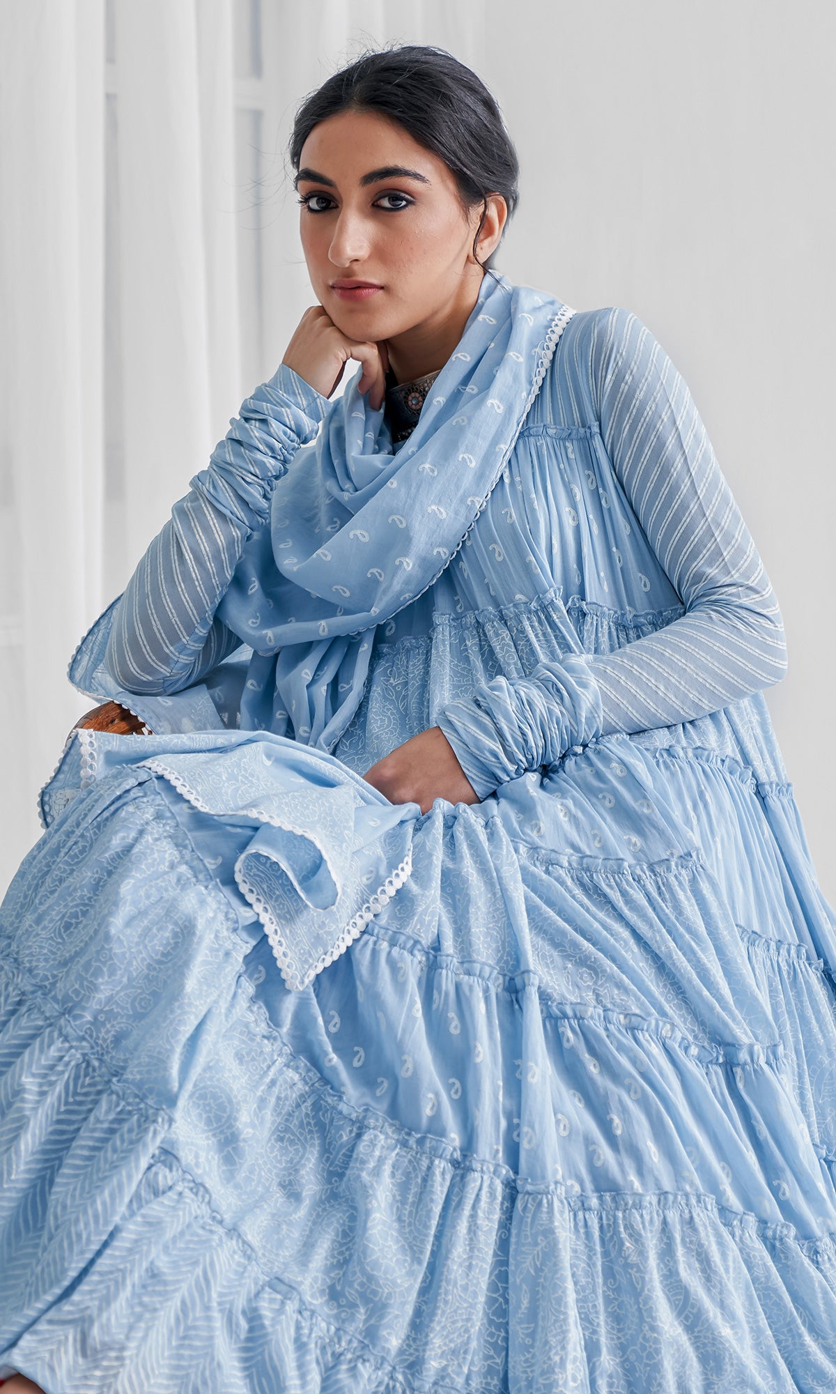 Firdaus Khari Powder Blue Block Printed Tiered Anarkali - Set of 3 RTS