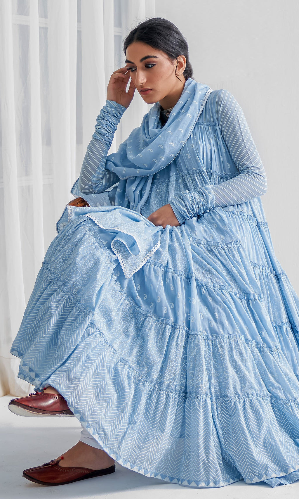 Firdaus Khari Powder Blue Block Printed Tiered Anarkali - Set of 3 RTS