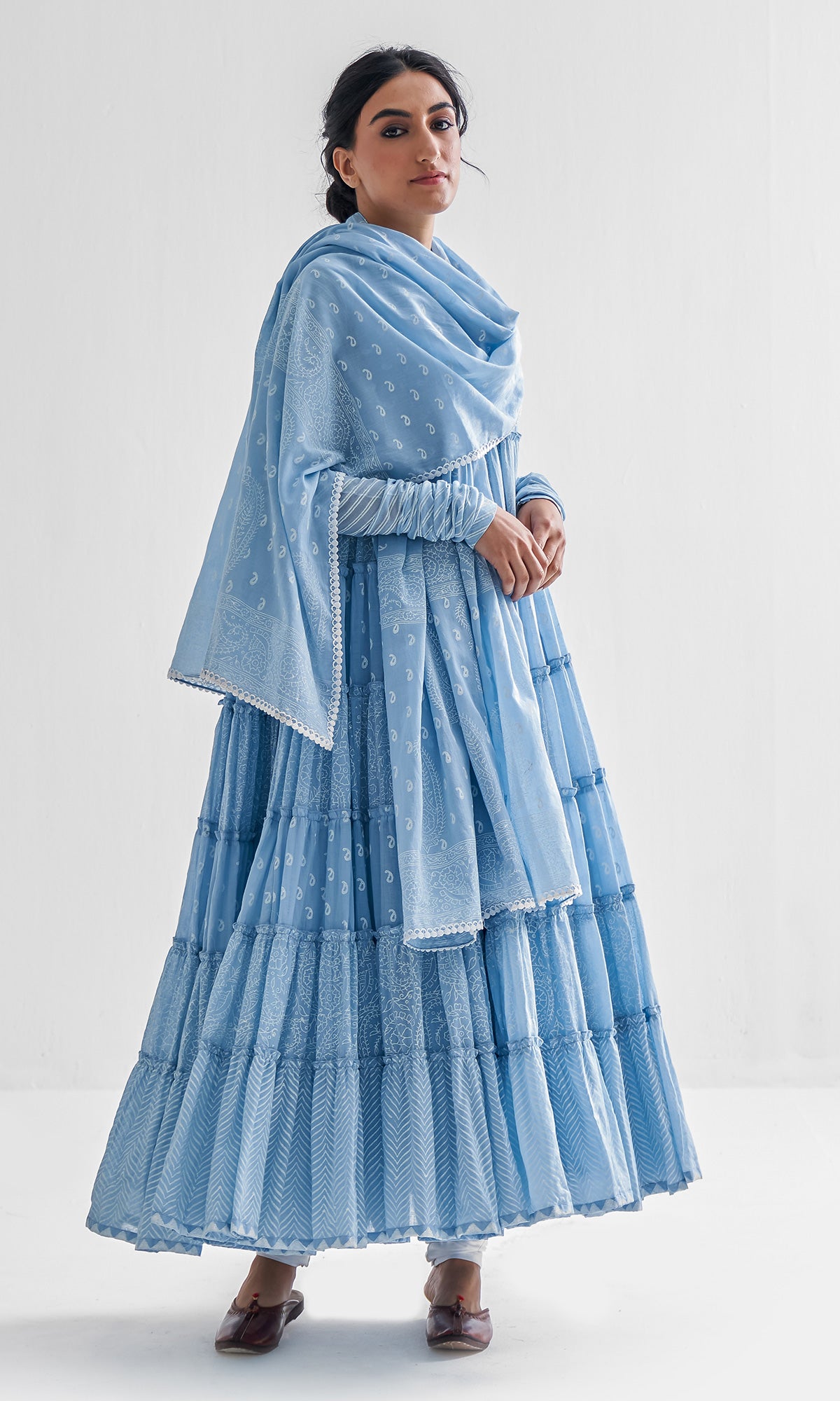Firdaus Khari Powder Blue Block Printed Tiered Anarkali - Set of 3 RTS
