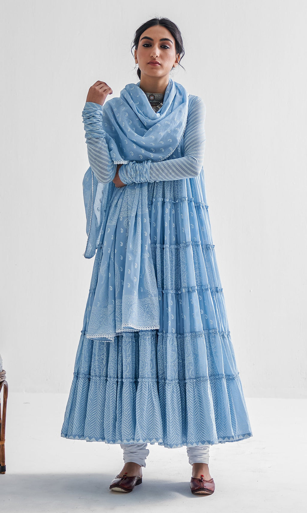 Firdaus Khari Powder Blue Block Printed Tiered Anarkali - Set of 3 RTS