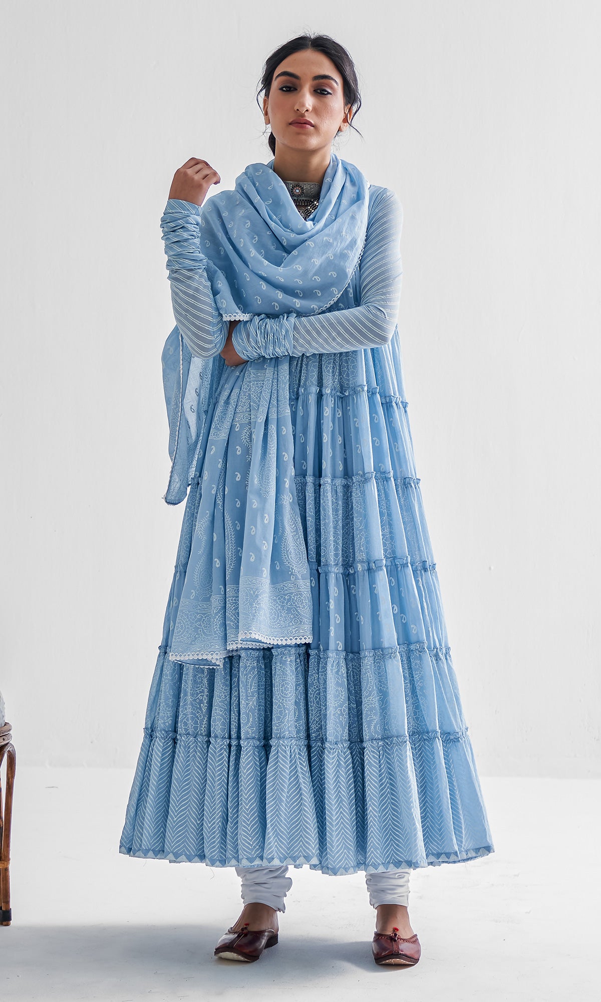 Firdaus Khari Powder Blue Block Printed Tiered Anarkali - Set of 3 RTS