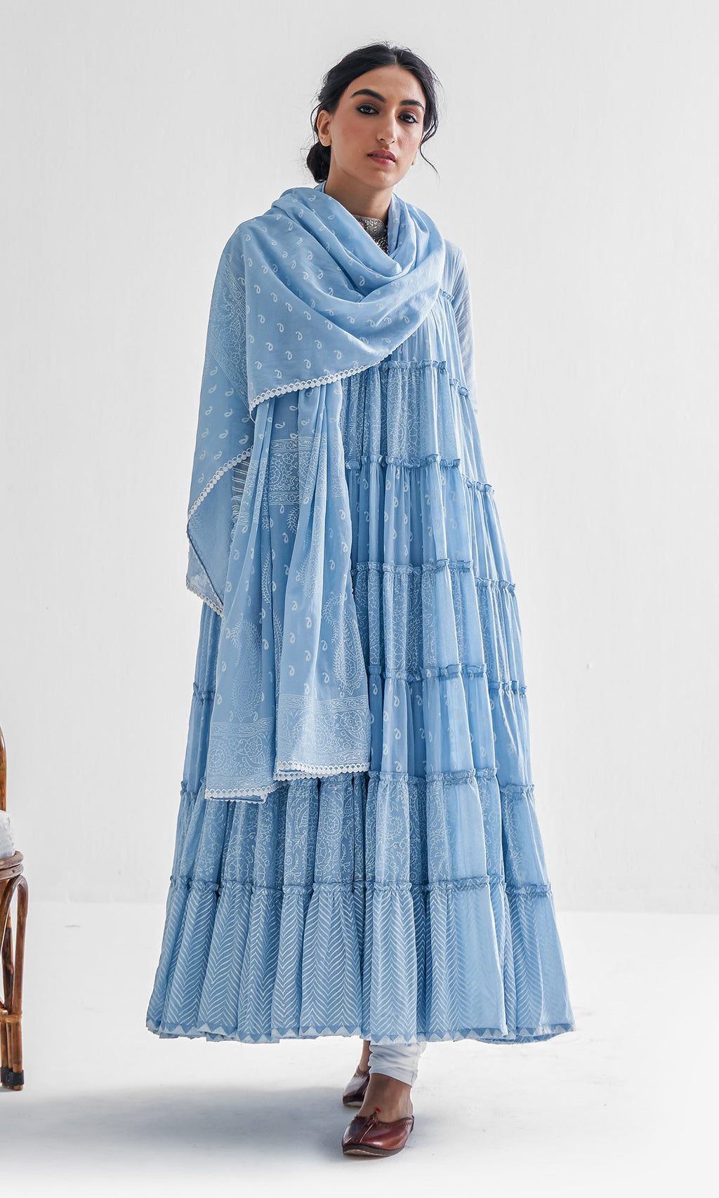Firdaus Khari Powder Blue Block Printed Tiered Anarkali - Set of 3 RTS