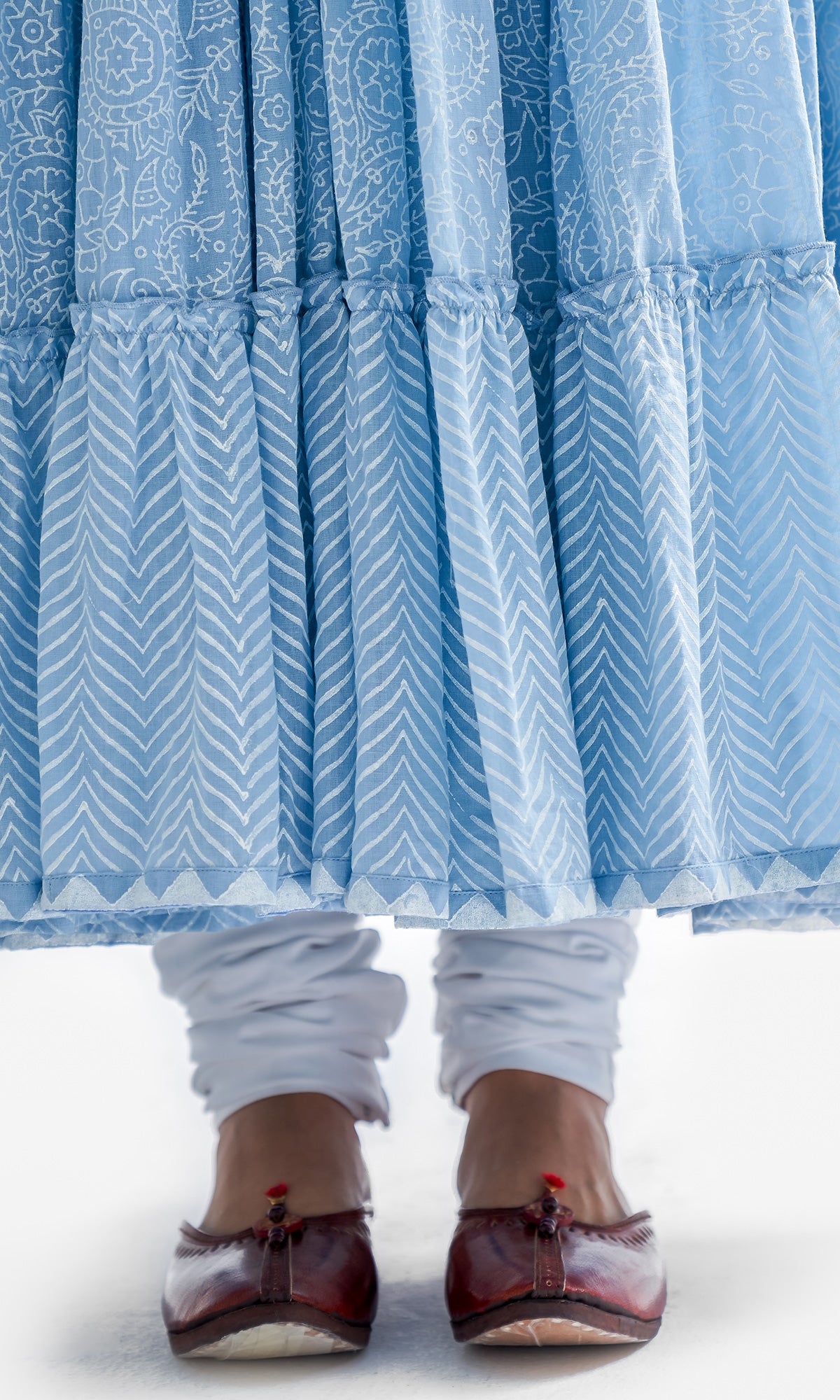 Firdaus Khari Powder Blue Block Printed Tiered Anarkali - Set of 3 RTS