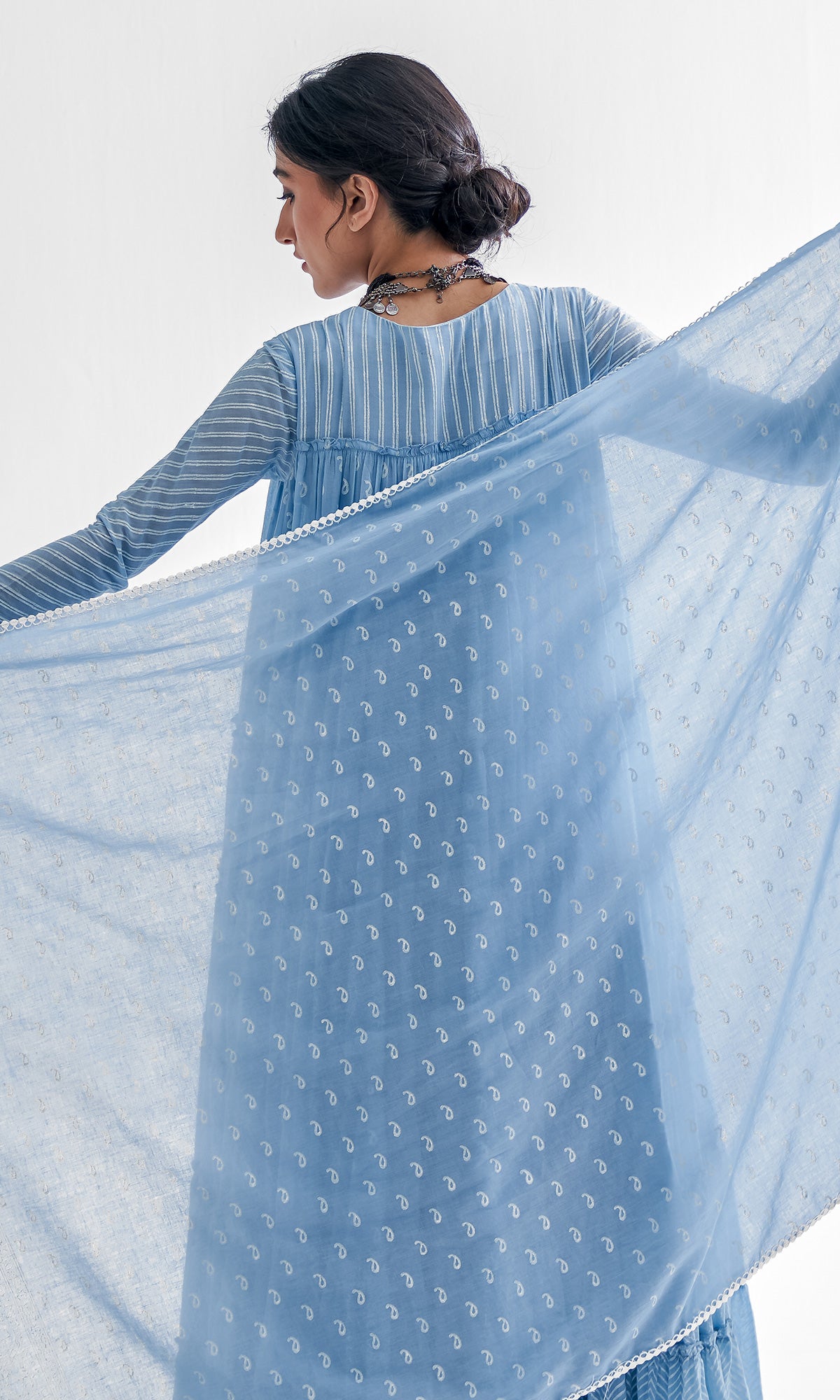 Firdaus Khari Powder Blue Block Printed Tiered Anarkali - Set of 3 RTS