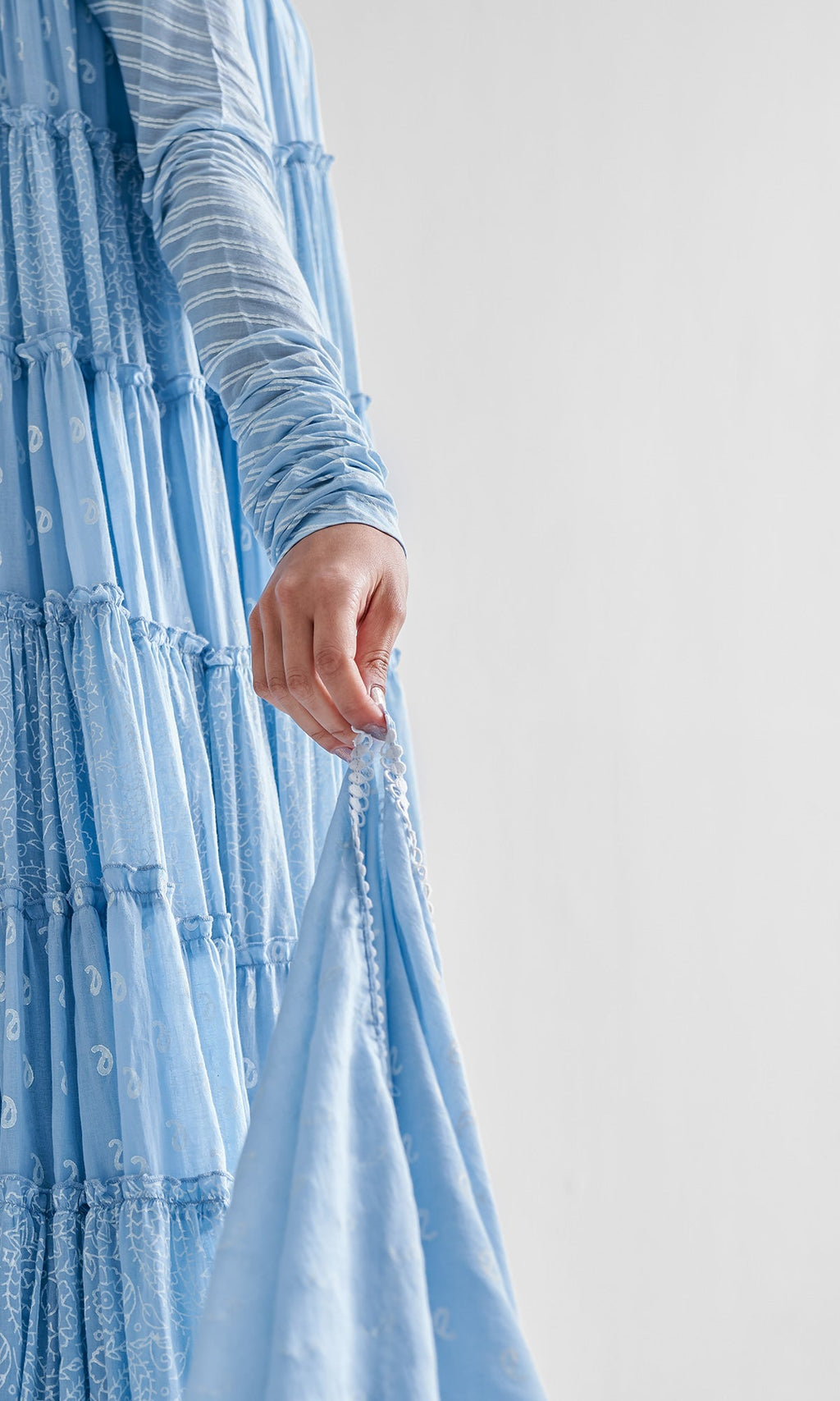 Firdaus Khari Powder Blue Block Printed Tiered Anarkali - Set of 3 RTS