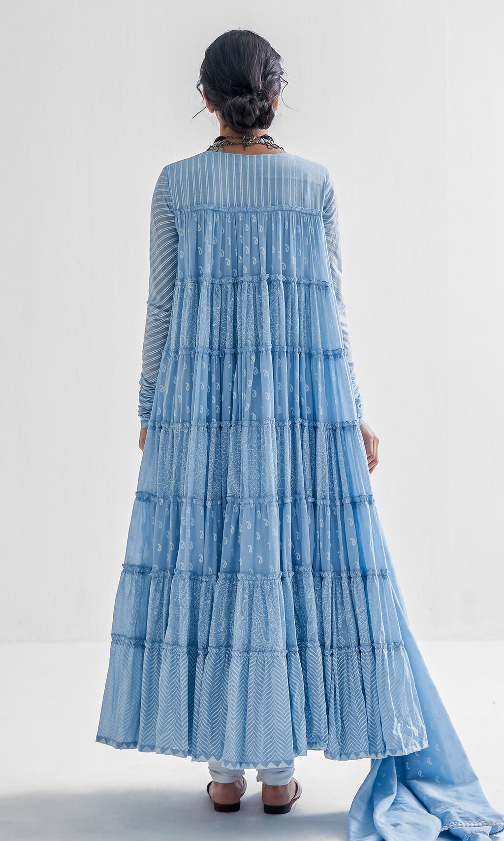 Firdaus Khari Powder Blue Block Printed Tiered Anarkali - Set of 3 RTS