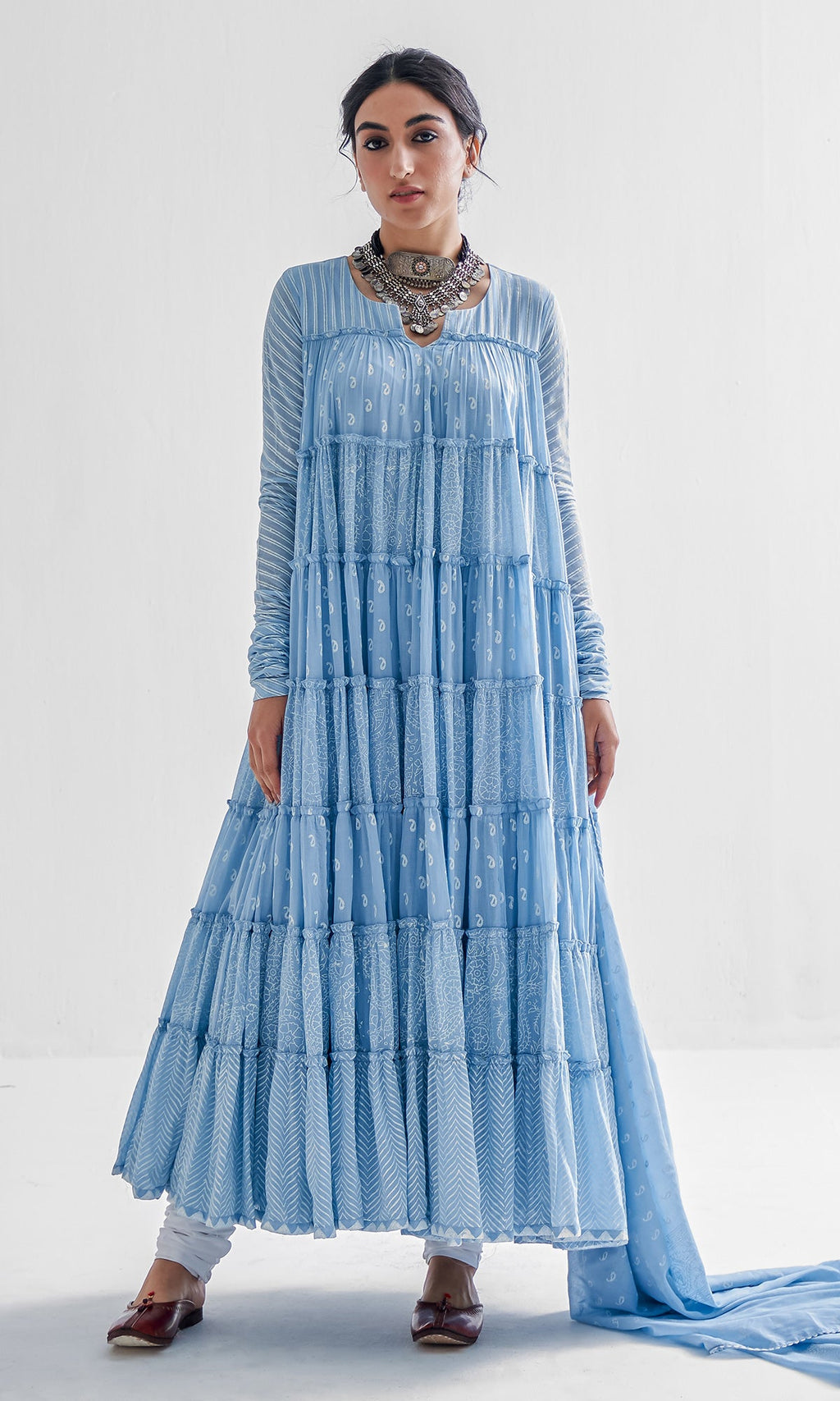 Firdaus Khari Powder Blue Block Printed Tiered Anarkali - Set of 3 RTS
