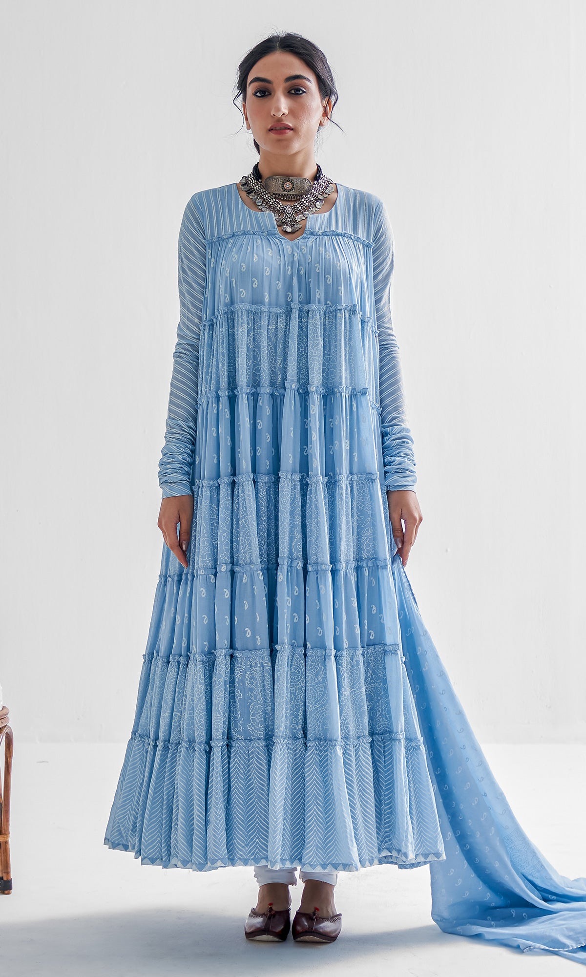 Firdaus Khari Powder Blue Block Printed Tiered Anarkali - Set of 3 RTS