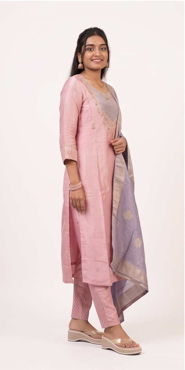 A woman modeling a light pink traditional Indian outfit with matching patterned trousers and a lavender dupatta with gold motifs, set against a plain off-white studio background.