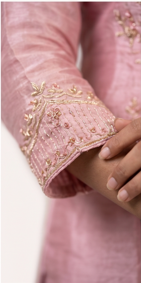 Close-up of a pink embroidered sleeve with metallic gold and beadwork, worn by a person whose hand rests on the cuff.
