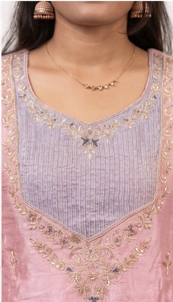Close-up of a pink and lavender embroidered traditional top with gold metallic embroidery and blue accents, worn by a model.